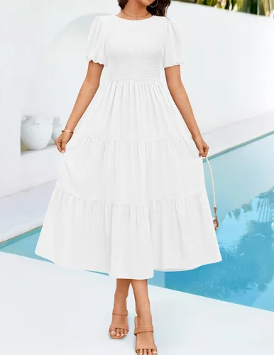 Vista 2 de ZESICA Vestido midi casual de verano para mujer, cuello redondo, manga corta abombada, cintura alta, volantes, escalonado, acampanado, para mujer
