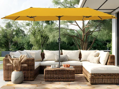 Vista 9 de PHI VILLA Sombrilla Grande de Patio de 13 Pies de Doble Cara Gemela para Mercado Exterior con Manivela, Beige 13x6.5 ft shade, rectangular, patio