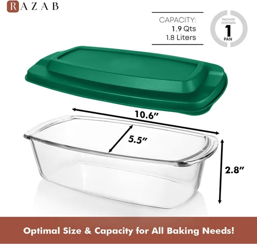 Vista 3 de Razab LARGE 7.6 Cups/1800 ML/1.9 Qt Glass Loaf Pan with Lids - Meatloaf Pan BPA free Airtight Lids Grip Handle Easy Carry, Microwave and Oven Safe