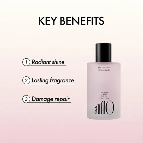 Vista 4 de ANILLO Rosy Night - Perfume vegano para cabello de larga duración con extracto de rosa de damasco, aceite de rosa mosqueta, complejo de péptidos