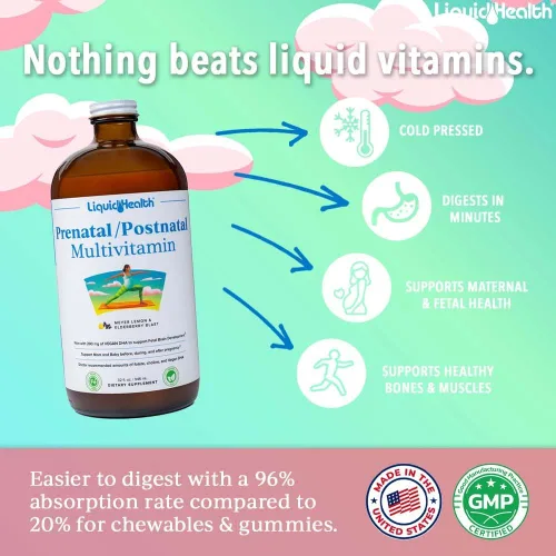 Vista 2 de LIQUIDHEALTH Multivitamínico líquido prenatal/posnatal para mujer con folato real, vitaminas pre y posnatales para antes, durante y después