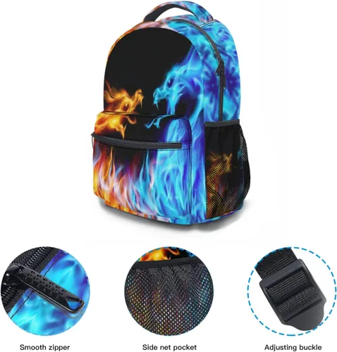 Vista 6 de Miaoquhe Mochila escolar con diseño de dragón de hielo azul y fuego, resistente al agua, para niños, escuela, al aire libre, viajes, Fuego dorado
