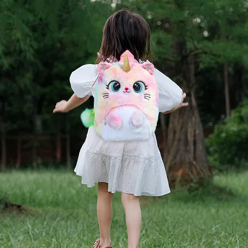 Vista 7 de Juego de 2 mochilas de unicornio para gatos, juego de 2 bolsas de hombro Kawaii para niños y niñas pequeñas, Rosado, Lindo