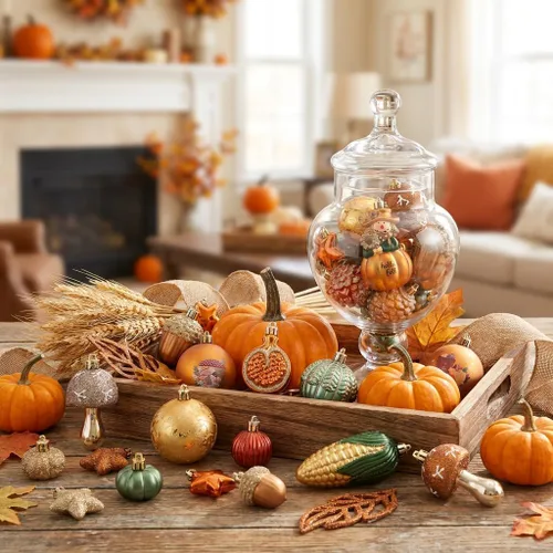Vista 3 de Valery Madelyn 55ct Fall Ornaments Shatterproof Tree Decorations for Home Orange Green Scarecrow Pumpkin Ball Ornaments Farmhouse Hanging Decor for