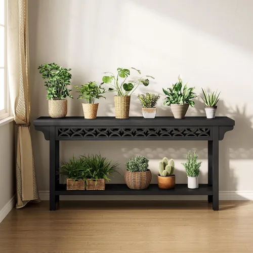 Vista 7 de LITTLE TREE Consola de 70.87 pulgadas de largo, mesa de entrada estrecha de madera maciza con estante, mesa de sofá rústica para sala de estar, Negro