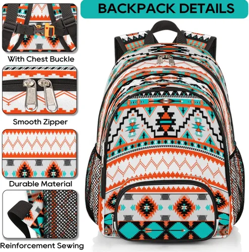 Vista 6 de Mochilas escolares para mujeres y hombres - Elegante mochila escolar universitaria - Mochilas de viaje resistentes al agua para niñas y niños, Azteca