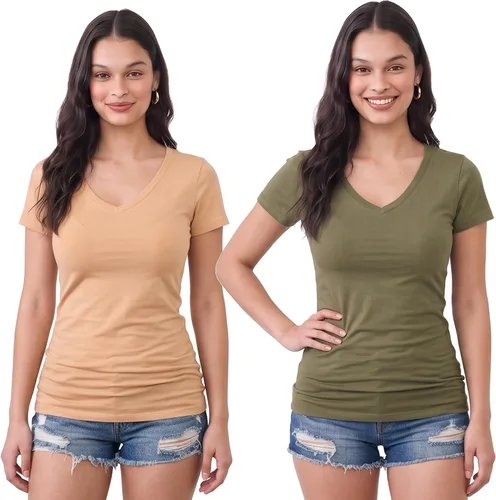 Vista 116 de Emmalise Camiseta de manga corta para mujer, cuello en V, tallas junior y plus