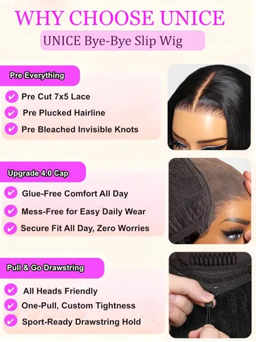 Vista 6 de UNICE Yaki Peluca Bob Recta de Cabello Humano con Cordón Adiós Nudos Sin Pegamento 7x5 Pelucas Frontales de Encaje de Cabello Humano Pre Desplumadas