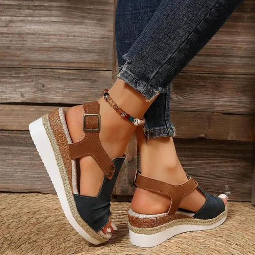 Vista 5 de Sandalias de plataforma ortopédicas con cuña para mujer, elegantes de verano 2023, planas, de punta abierta, con correa al tobillo