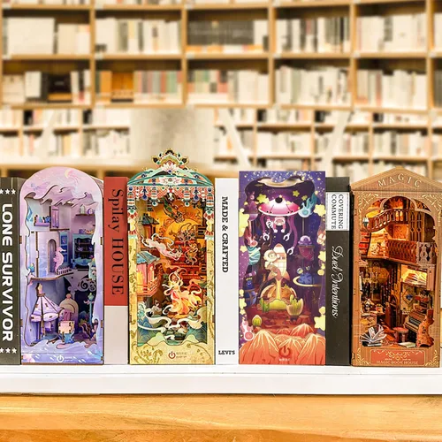 Vista 7 de Spilay Kit de montaje de rincón de libro en miniatura para casa de muñecas, rompecabezas de madera 3D con luz sensor, kit de creatividad
