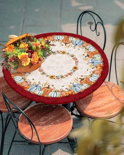 Vista 26 de Mantel ajustado para mesa redonda, mantel de otoño con hojas de otoño y calabaza de Acción de Gracias con borde elástico, mantel impermeable de Beige