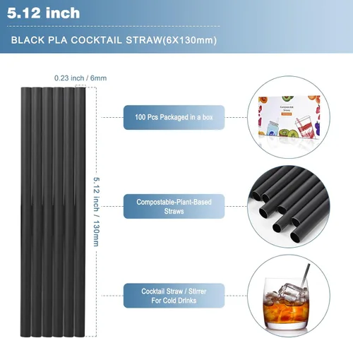 Vista 2 de 100 unidades de pajitas cortas biodegradables para cóctel en negro - 13 cm pajitas compostables desechables de PLA a base de plantas para bar