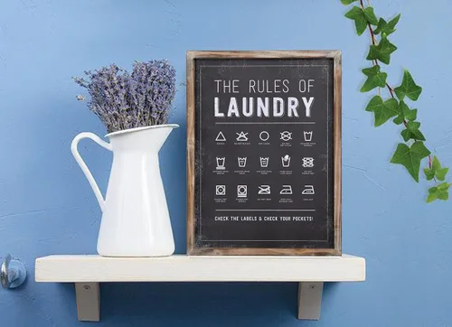 Vista 5 de Letrero de lavandería con símbolos de The Rules of Laundry para decoración y accesorios de lavandería con marco de madera rústica, decoración