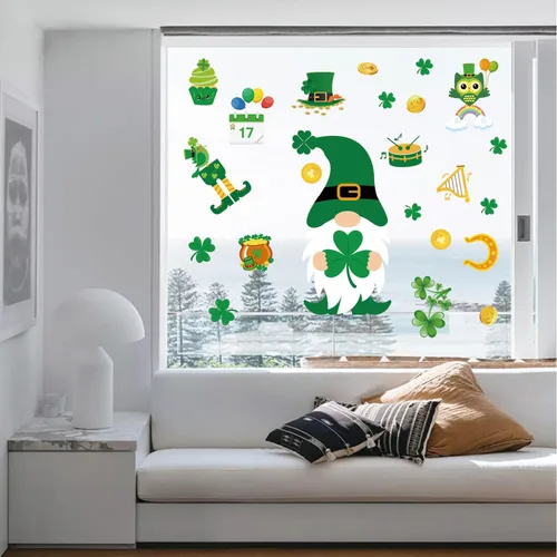 Vista 8 de AOWDIAO Calcomanías reutilizables de doble cara para ventana, duendes, tréboles, gnomos, monedas, decoración irlandesa festiva para ventanas