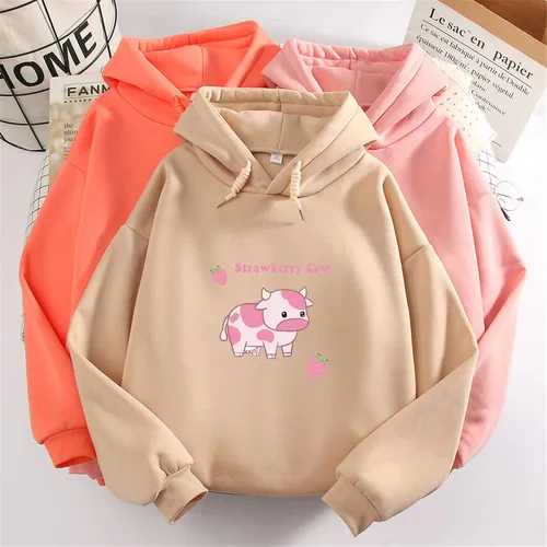 Vista 3 de KEEVICI Sudaderas con capucha para mujer, con estampado de vaca de fresa, casual, mullida