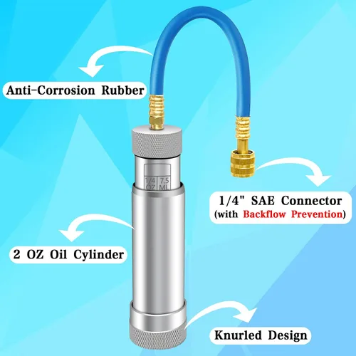 Vista 5 de Inyector de aceite de CA para R1234YF, R134A, R410A, inyector de aceite de tinte HVAC con conector SAE de 1/4", herramienta de inyector de aceite