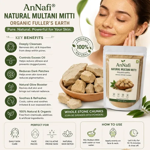 Vista 8 de AnNafi Mitti natural Multani orgánico para la cara Fullers Earth - Trozos enteros de piedra Paquete facial de belleza 100% orgánico con brillo