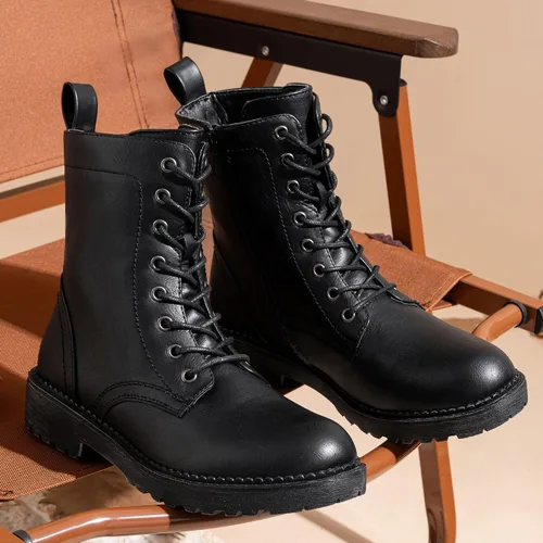 Vista 9 de Vepose Botas militares de combate para mujer, botas planas de tobillo en negro, con cremallera interior, estilo 925