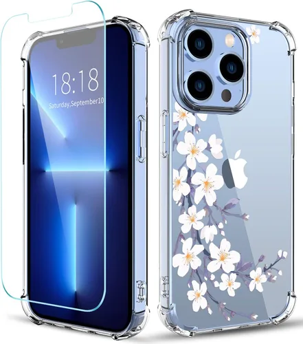 Vista 11 de Funda con diseño de patrón de flores para iPhone 13 Pro Max [con protector de pantalla], funda transparente floral para teléfono de mujer a prueba