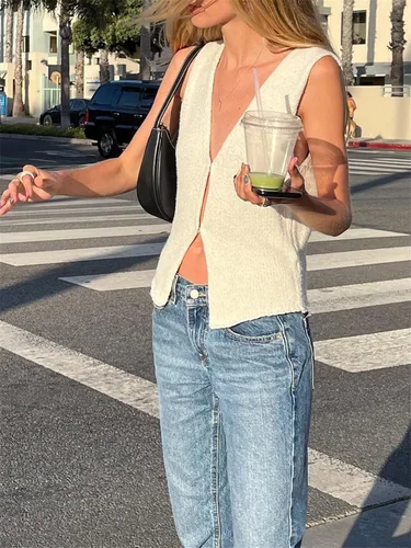 Vista 5 de Meihuida Chaleco de ganchillo para mujer, estilo Y2K, cuello en V, sin mangas, con botones, estilo vintage, casual, ropa de calle