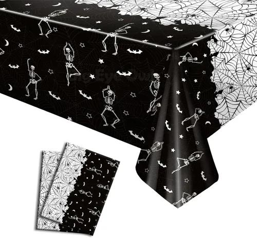 Vista 8 de 3 manteles desechables de Halloween con diseño de calavera y esqueleto, de plástico, color negro, rectangular, de vinilo, para decoración de fiestas