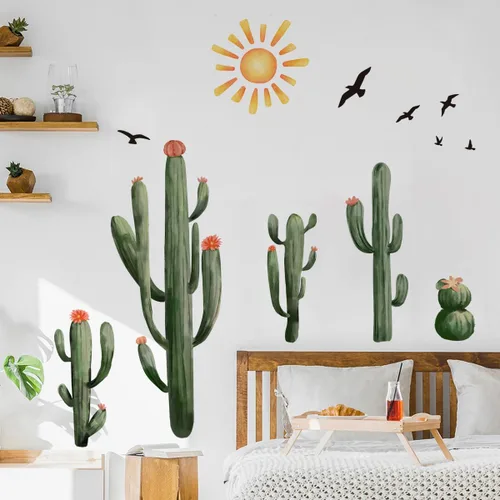 Vista 5 de Runtoo Calcomanía de pared de cactus bohemios, plantas botánicas verdes, calcomanías de pared para sala de estar, dormitorio, cocina, decoración