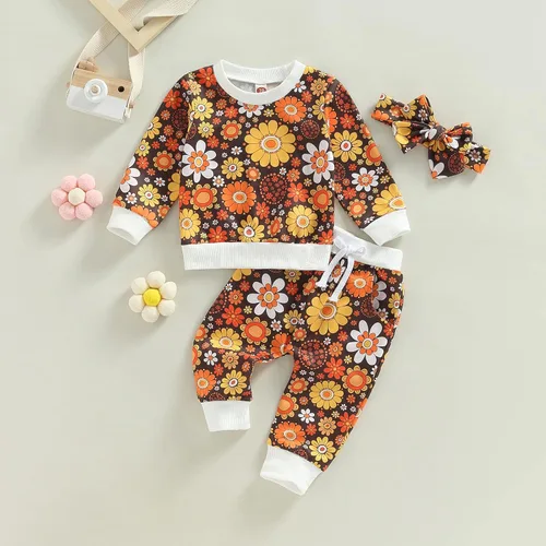 Vista 2 de Conjunto de sudadera de manga larga con cuello redondo y estampado floral para bebé niña