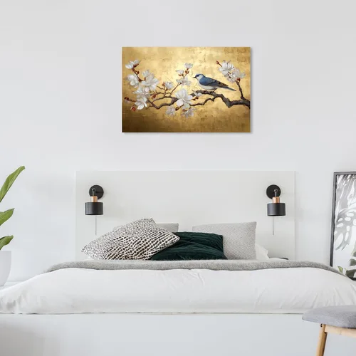 Vista 5 de Wynwood Studio Arte en lienzo envuelto contemporáneo floral y botánico, flor de rama con pájaro, arte de pared para sala de estar, dormitorio
