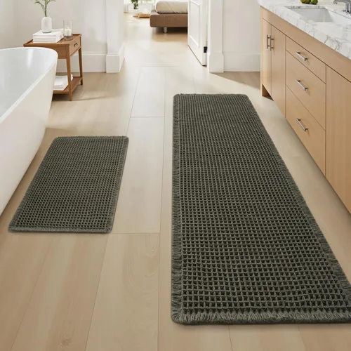 Vista 32 de AMOAMI Tapete de baño mejorado con diseño de gofre, súper absorbente, antideslizante, para suelo de baño, lavable a máquina, con borlas, tapetes