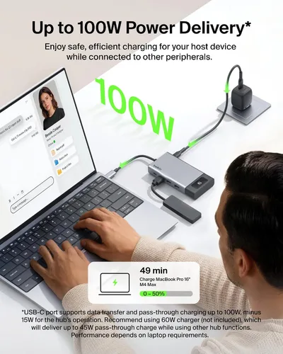 Vista 5 de Belkin USB C Hub, 8-in-1 Multi-Port Hub 100W - Dual Display Support for Windows & Chromebook + Mirrored Support for macOS w/Monitor Privacy