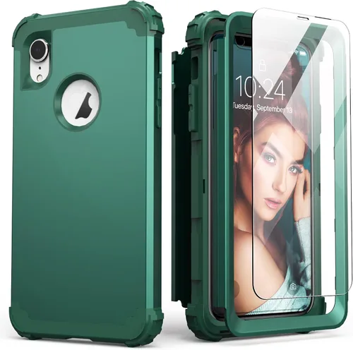 Vista 29 de IDweel Funda para iPhone XR, funda para iPhone XR con protector de pantalla de vidrio templado, 3 en 1, a prueba de golpes, delgada, híbrida, Negro