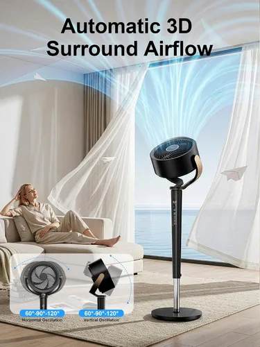 Vista 4 de Uthfy Ventilador oscilante para dormitorio, oscilación omnidireccional de 120°+120°, altura ajustable de 38-46 pulgadas, motor de CC de 120 pies