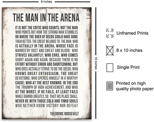 Vista 2 de Teddy Roosevelt Man in the Arena - Póster de pared con cita inspiradora, póster rústico de 8 x 10 pulgadas, para el hogar, dormitorio, oficina