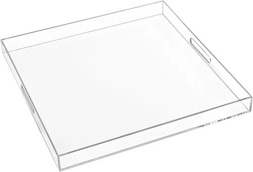 Vista 13 de Bandeja de servir de acrílico transparente de 18 x 16 pulgadas con asas, bandeja otomana extra grande, bandeja decorativa a prueba de derrames, mesa