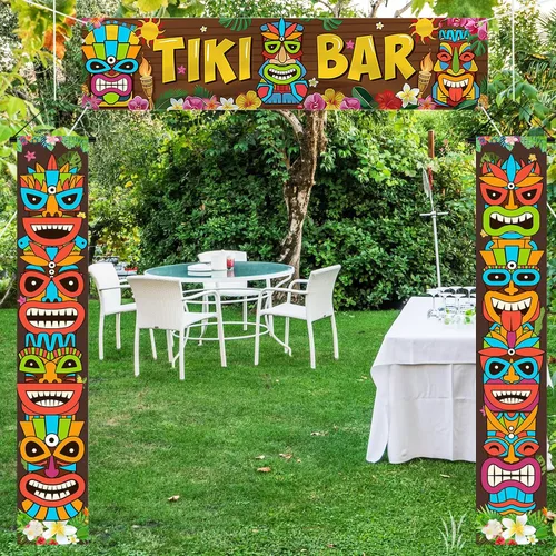 Vista 3 de Luau - Cartel para puerta de tótem Tiki, 3 piezas, pancarta de Tiki para porche, cubierta hawaiana para Aloha Hawaii, Moana tropical, cumpleaños