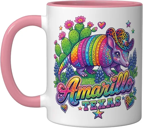 Vista 7 de Amarillo Texas Rainbow Armadillo Cowboy 80s Retro Souvenir Ceramic Mug, Black/White