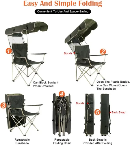 Vista 3 de Silla plegable portátil, toldo para camping, césped, playa, almohadilla reforzada, verde oscuro y caqui (caqui)