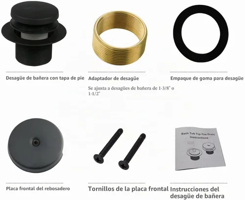 Vista 5 de HIDROP - Kit de embellecedor de desagüe de bañera con punta negra mate, placa frontal de desbordamiento de 1 Negro