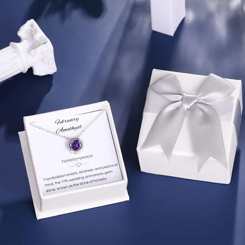 Vista 7 de Collar de plata de ley con piedra natal para mujer, delicado collar redondo con colgante de circonita cúbica, joyería solitaria, regalo