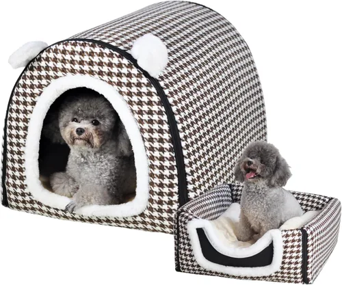 Vista 24 de Cama para gato o cama para perro, 2 formas de uso, casa de mascotas para interior con alfombra esponjosa, cubierta extraíble y lavable, fondo Grúas