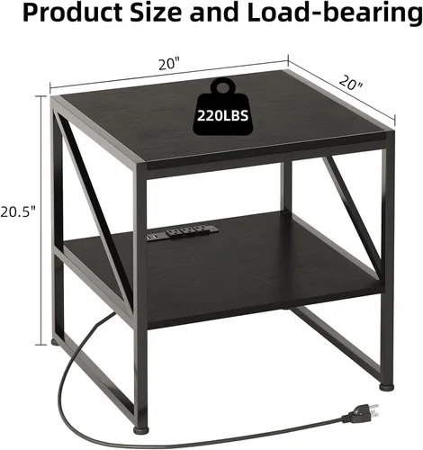 Vista 2 de Mesa auxiliar con estación de carga, mesa auxiliar cuadrada de 20 pulgadas con puertos USB y tomas de corriente, mini soporte para refrigerador