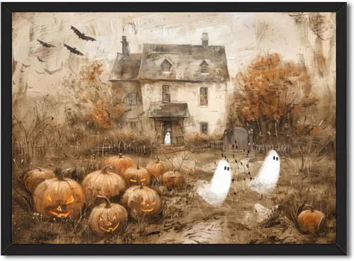 Vista 27 de Arte de pared vintage de Halloween embrujado de granja, parche de calabaza rústica con bonitos fantasmas, póster impreso en lienzo espeluznante