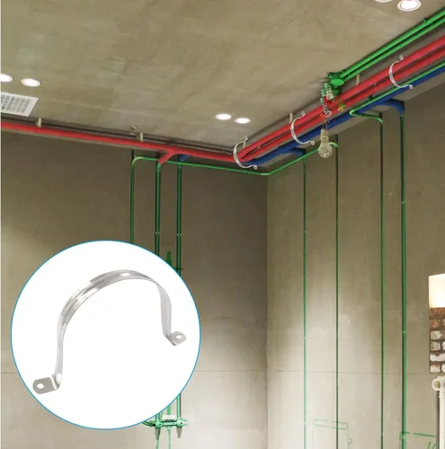 Vista 4 de 5 abrazaderas de conducto de 4 pulgadas con dos agujeros, correa rígida de acero inoxidable M100 para tubería de metal en U, soporte de correa