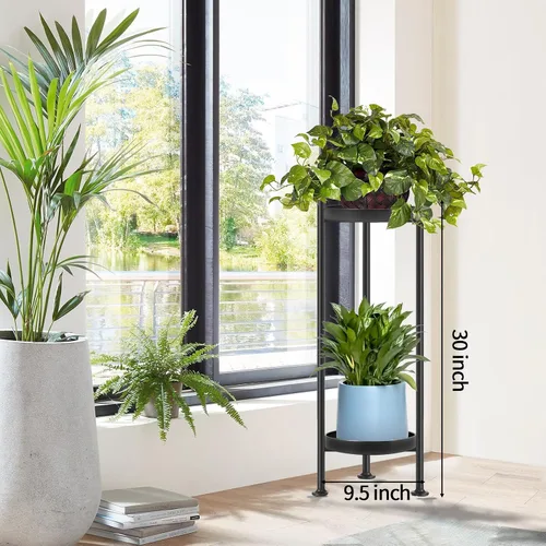 Vista 5 de Lilybud- lily Soporte para plantas para interiores y exteriores, soporte de hierro de 2 niveles, soporte de pedestal de 30 pulgadas de alto