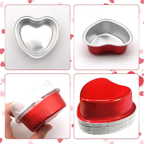 Vista 3 de 40 juegos de moldes para pasteles en forma de corazón, mini moldes para pasteles con tapas de 3.4 fl oz/3.5 onzas, moldes de aluminio con tapas