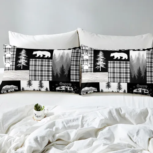 Vista 7 de Funda de edredón de oso de caza, tamaño individual, juego de ropa de cama rústica de animales del bosque para niños y niñas, funda de edredón a Oso
