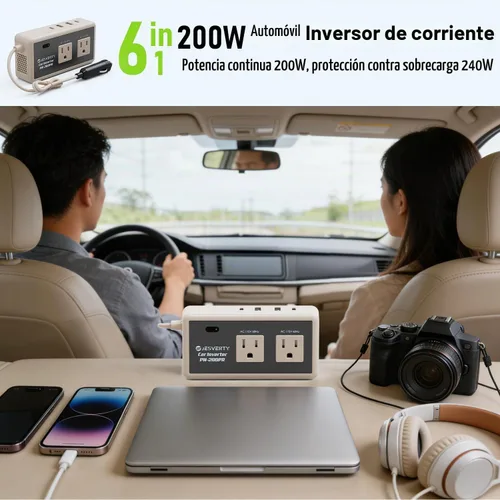 Vista 3 de Inversor de corriente para automóvil de 200 W, CC 12 V a 110 V CA, 30 W USB-C y 20 W USB-A de carga rápida, 2 salidas de CA para laptop, teléfono No