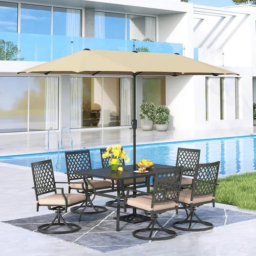 Vista 16 de MFSTUDIO Juego de mesa de comedor para patio al aire libre con paraguas, 4 sillas giratorias y 1 x 37 cuadrado Bistro forjado Iorn Slat mesa grande