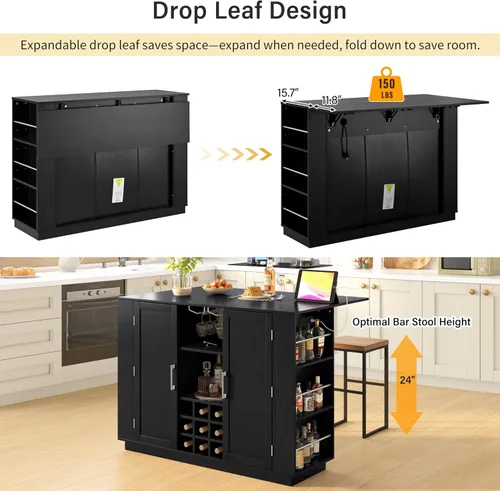 Vista 4 de 47.2" Multifunctional Kitchen Island with Drop Leaf & Power Outlet – Wine Bar with Bottle Rack, Coffee Station, 2-Door Storage & Adjustable Shelves