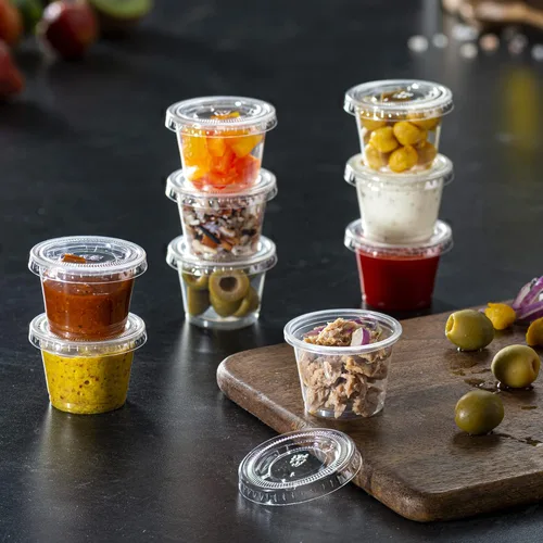 Vista 4 de Pantry Value Vasos de gelatina de 1 oz con tapas [100 unidades] Recipientes de plástico desechables transparentes para porciones, vasos